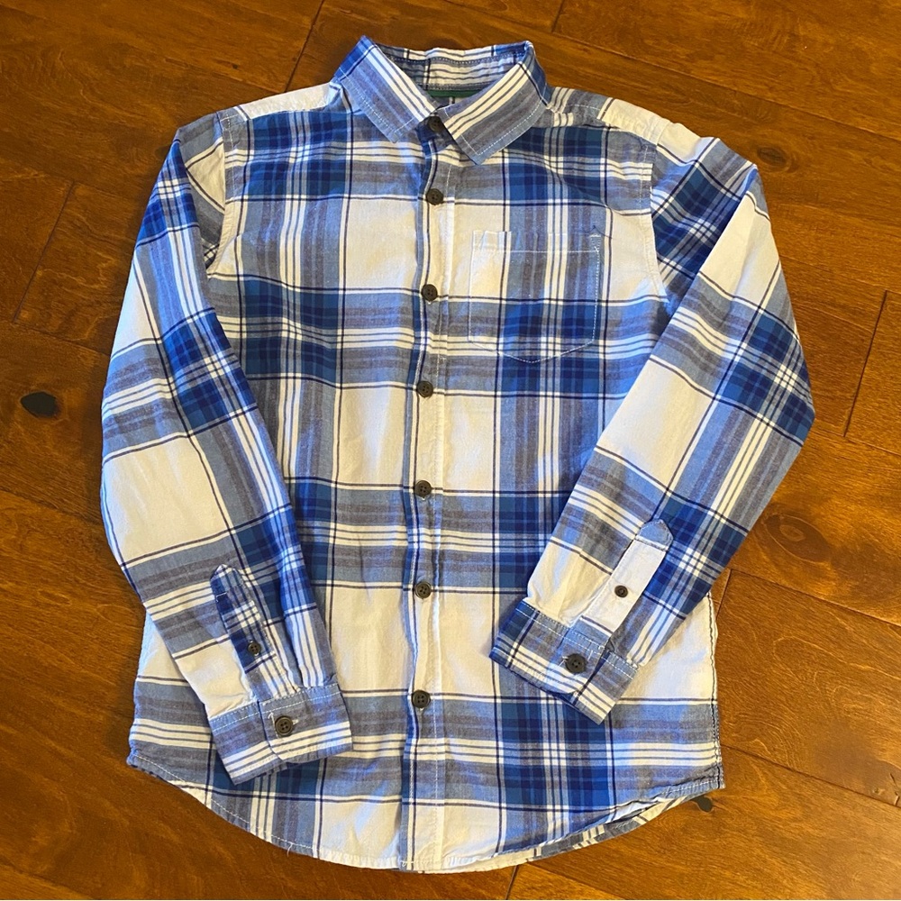 Cat & Jack Boys Plaid Button Down Shirt L (12-14) Blue & White